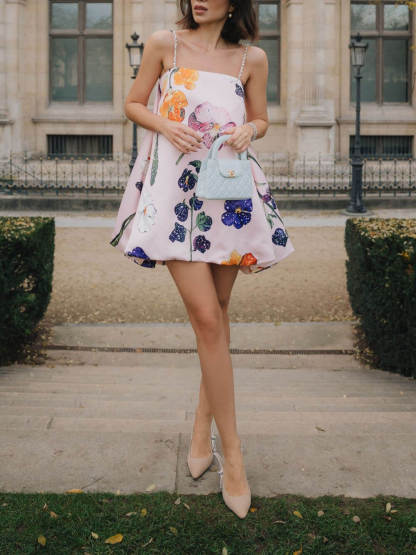 Fashion Printed Strap-Detail Bubble-Hem A-Line Mini Dress