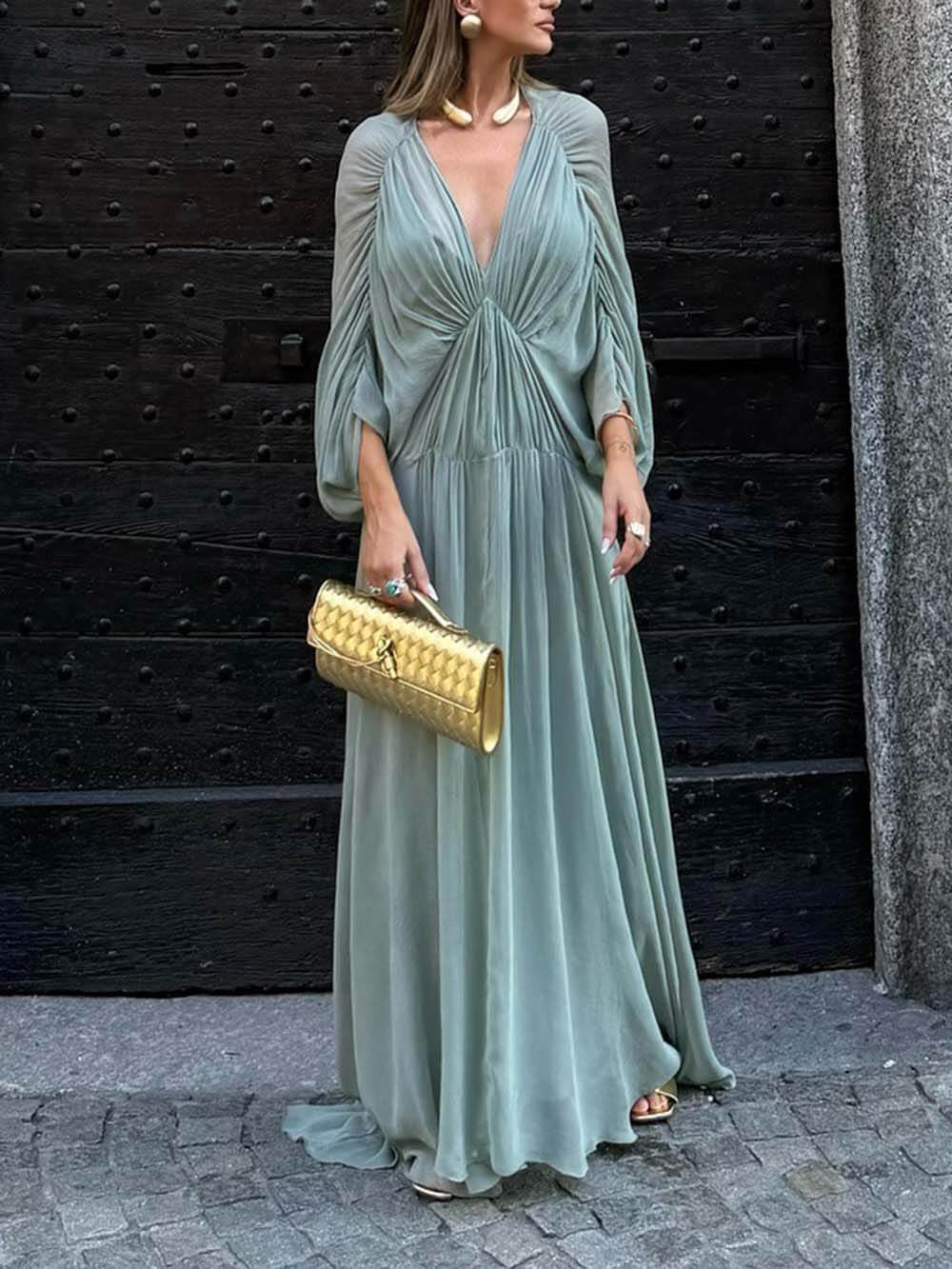 Beautifully Pleated Draped V-Neck Batwing Sleeve Maxi Dress