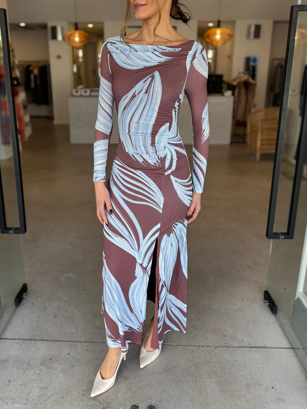 Elegant Printed Off-Shoulder Ruched Front Slits Maxi Dress