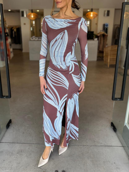 Elegant Printed Off-Shoulder Ruched Front Slits Maxi Dress