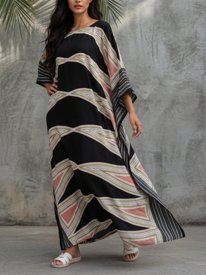 Retro Puzzle Print Kimono Beach Maxi Dress