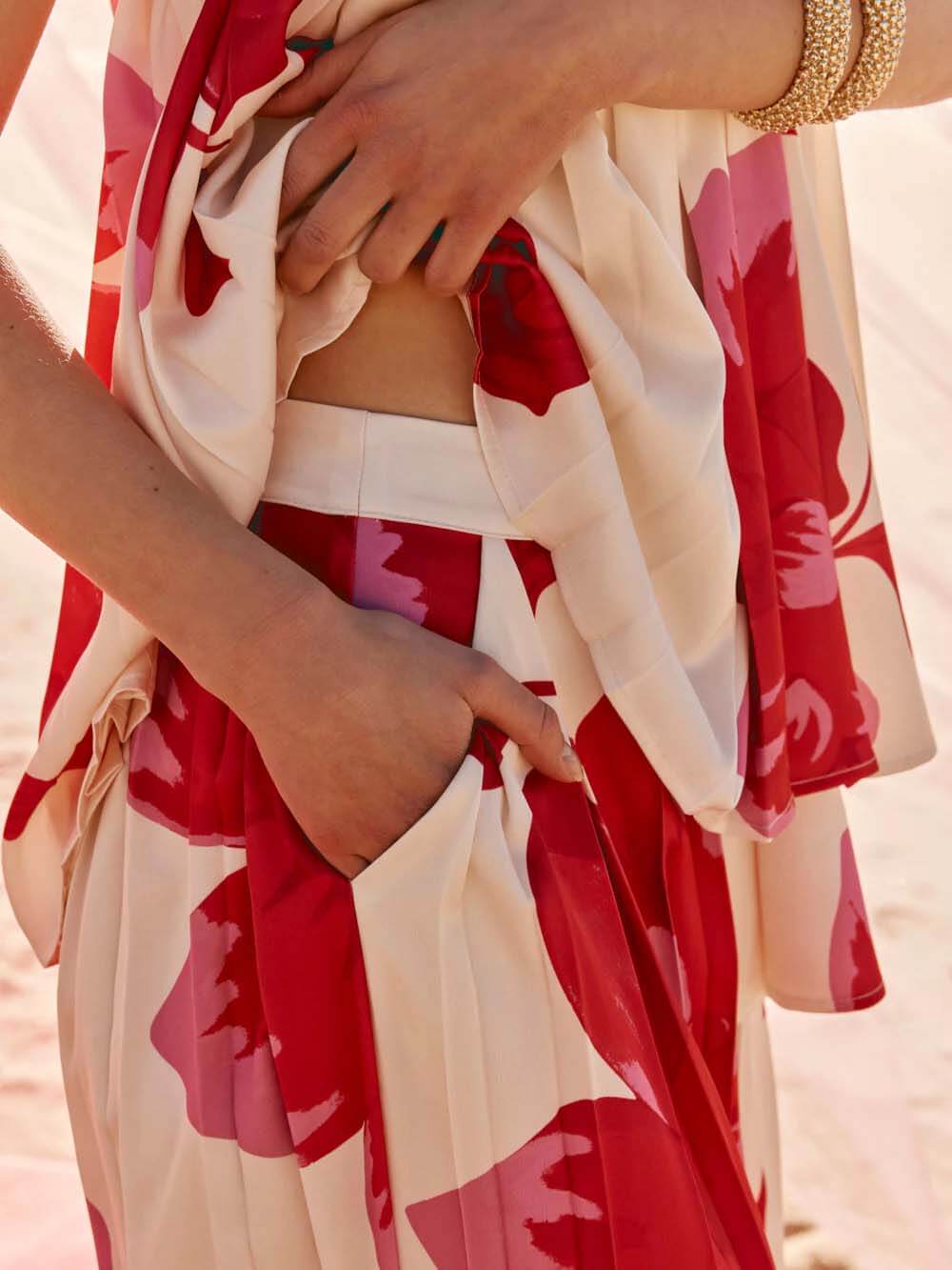 Elegant Printed Satin Ruched Pocket Wide-Leg Pants