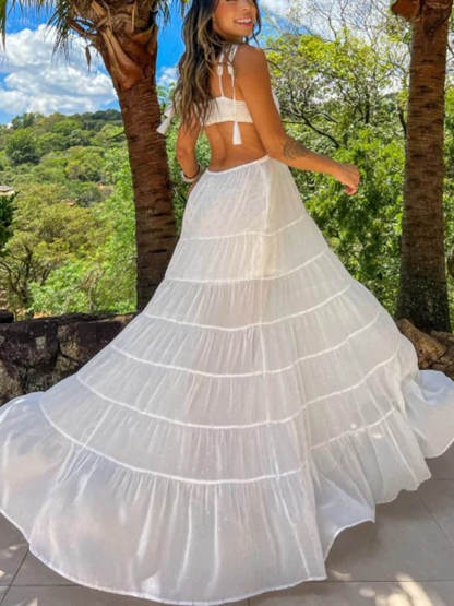 Retro Crochet Tassel Shoulder Strap Cutout Waist Chiffon Polka Dot Vacation Maxi Dress