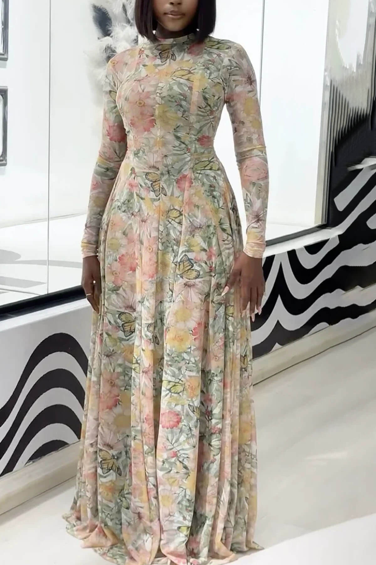 Elegant Floral Butterfly Print Maxi Dress