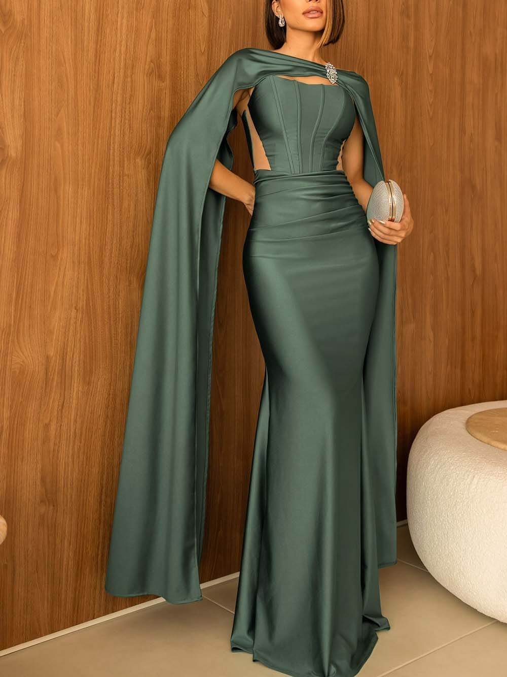 Elegant Strapless Cape Evening Maxi Dress