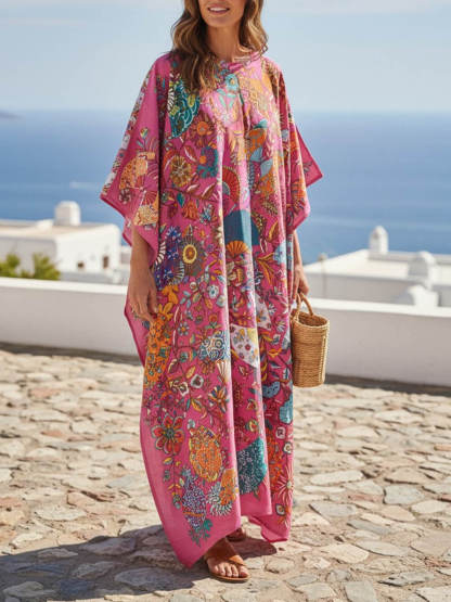 Retro Satin Floral Asymmetrical Vacation Maxi Dress