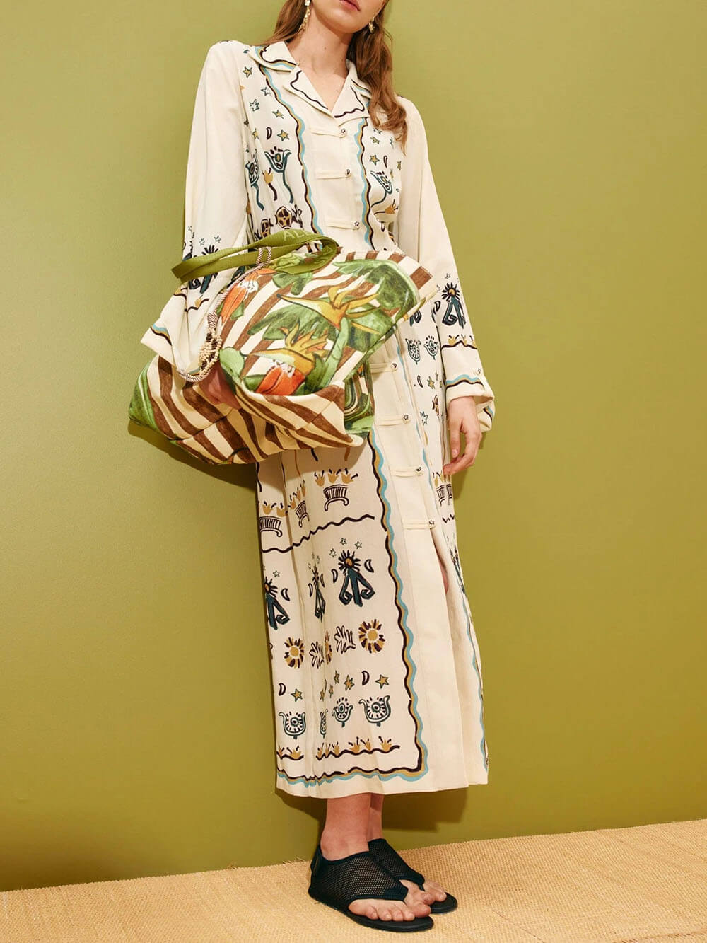 Modern Print Button-Front Tie-Waist Loose Maxi Shirtdress