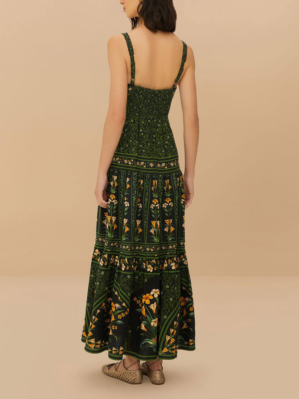 Unique Tropical Bloom Floral Print Linen-Blend Pleated Back Maxi Dress