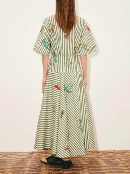 Classic Striped Button-Front Tie-Waist A-Line Maxi Shirtdress