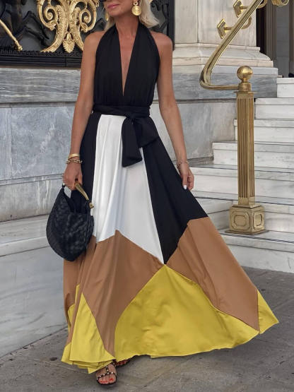 Elegant Geometric Patchwork Backless Tie-Back Maxi Dress