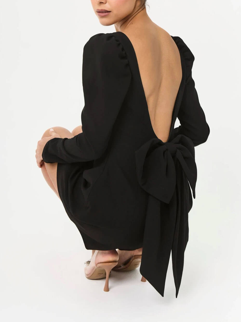 Elegant Backless Bow-Tie Fitted Square Neck Long-Sleeve Mini Dress