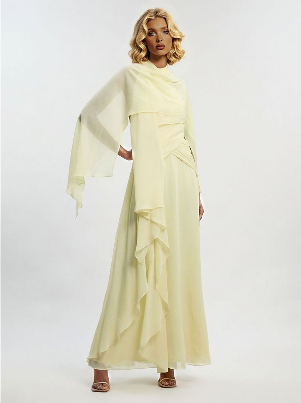 Elegant Cape Style Ruched Ruffle Maxi Dress
