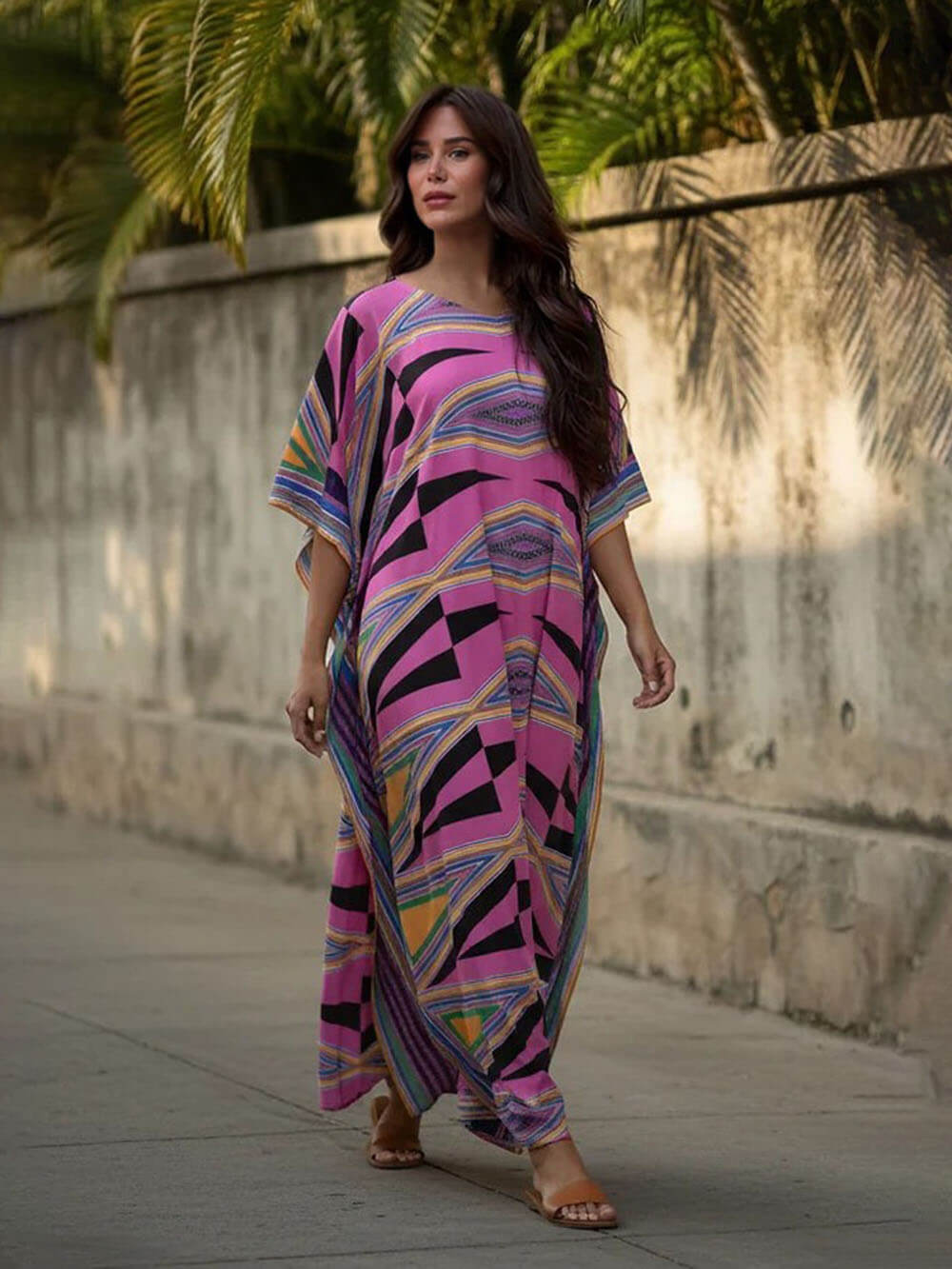 Retro Diamond Print Kimono Kaftan Beachwear Maxi Dress