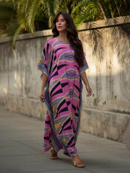 Retro Diamond Print Kimono Kaftan Beachwear Maxi Dress