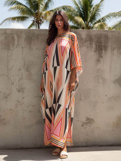Simple Retro Triangle Print Slit Kimono Maxi Dress