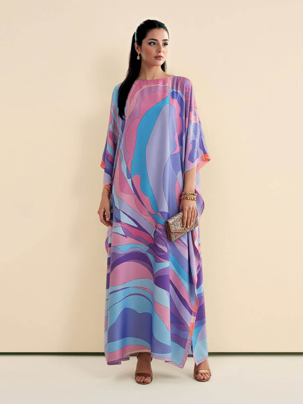 Classic Print Kaftan Kimono Maxi Dress