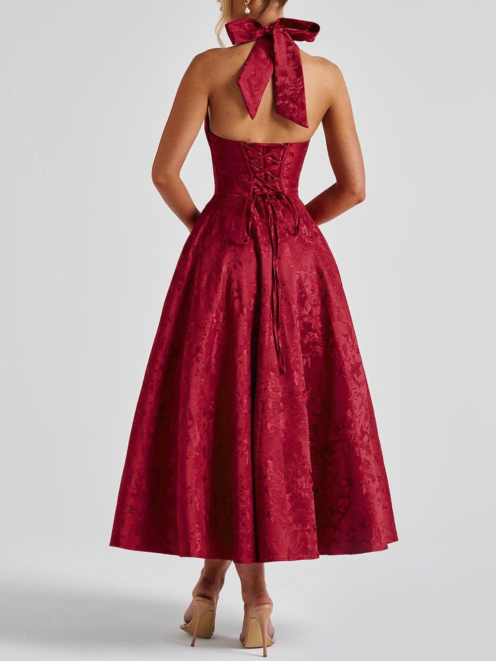 Vintage Elegant Jacquard V-Neck Halter Midi Dress