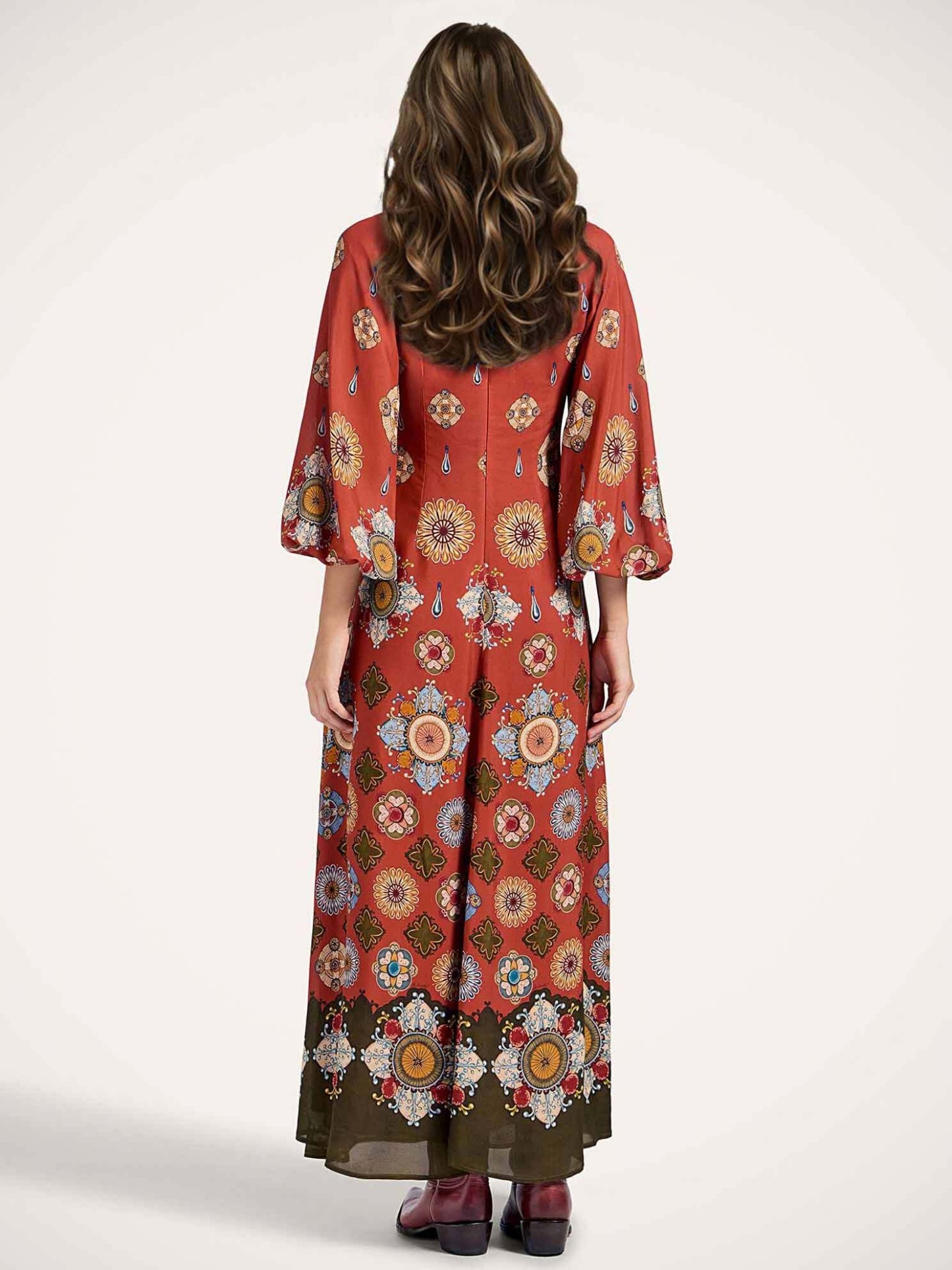 Elegant Satin Printed Shirt Collar Long Sleeve Maxi Dress