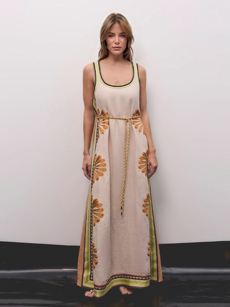 Bohemian Floral Print Sleeveless Maxi Dress With Waist Tie