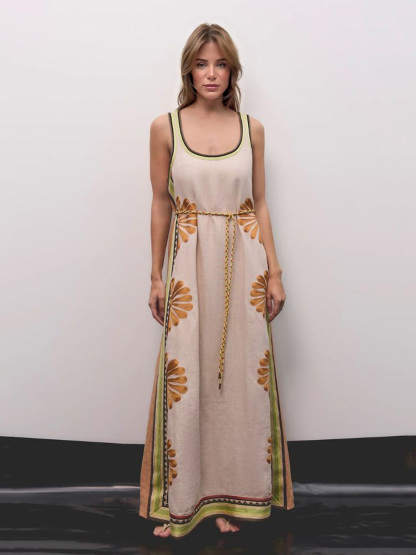 Bohemian Floral Print Sleeveless Maxi Dress With Waist Tie