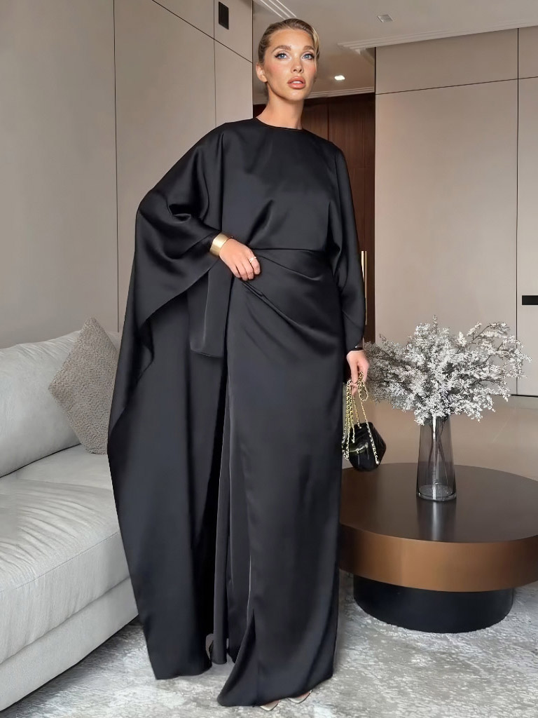 Elegant Satin Pleated Batwing Sleeve Maxi Dress