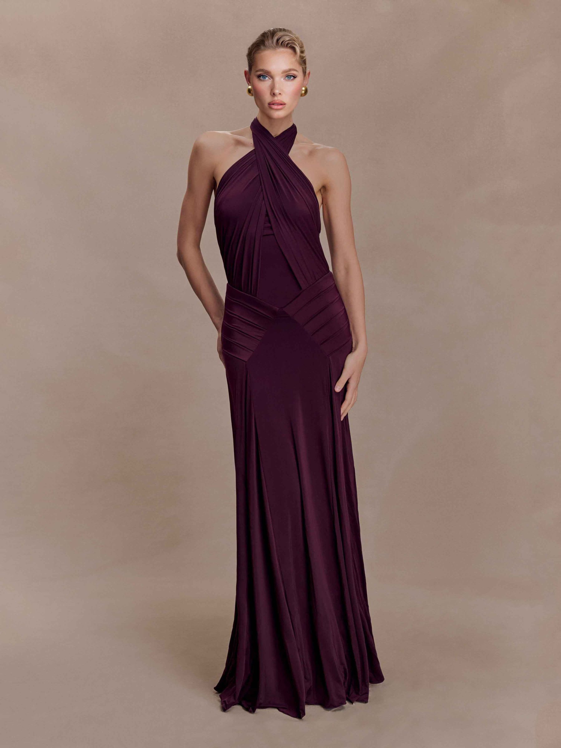Elegant Pleated Fitted Backless Maxi Dress