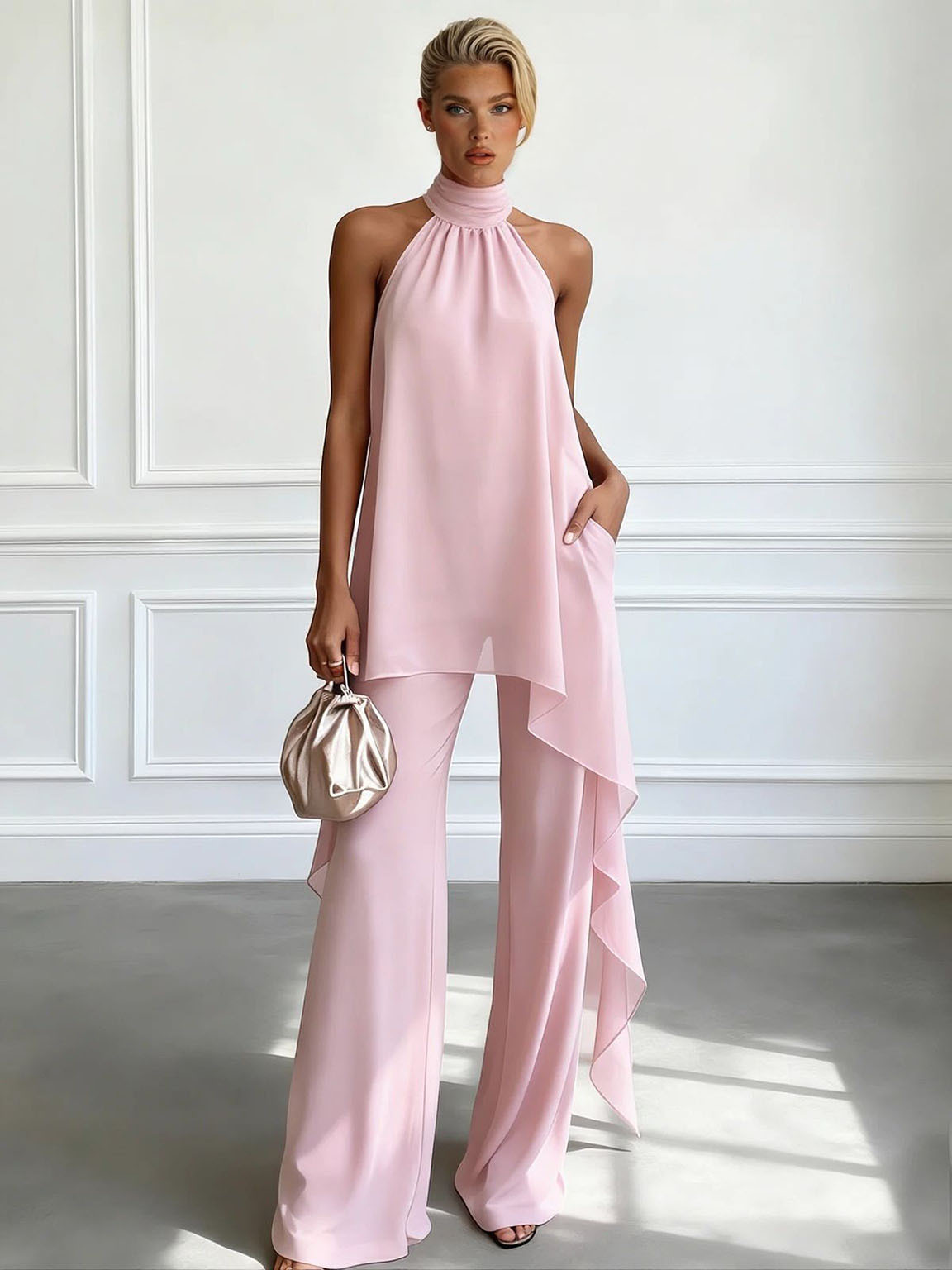 Elegant Halter Neck Asymmetric Chiffon Top & Wide-Leg Pants Set
