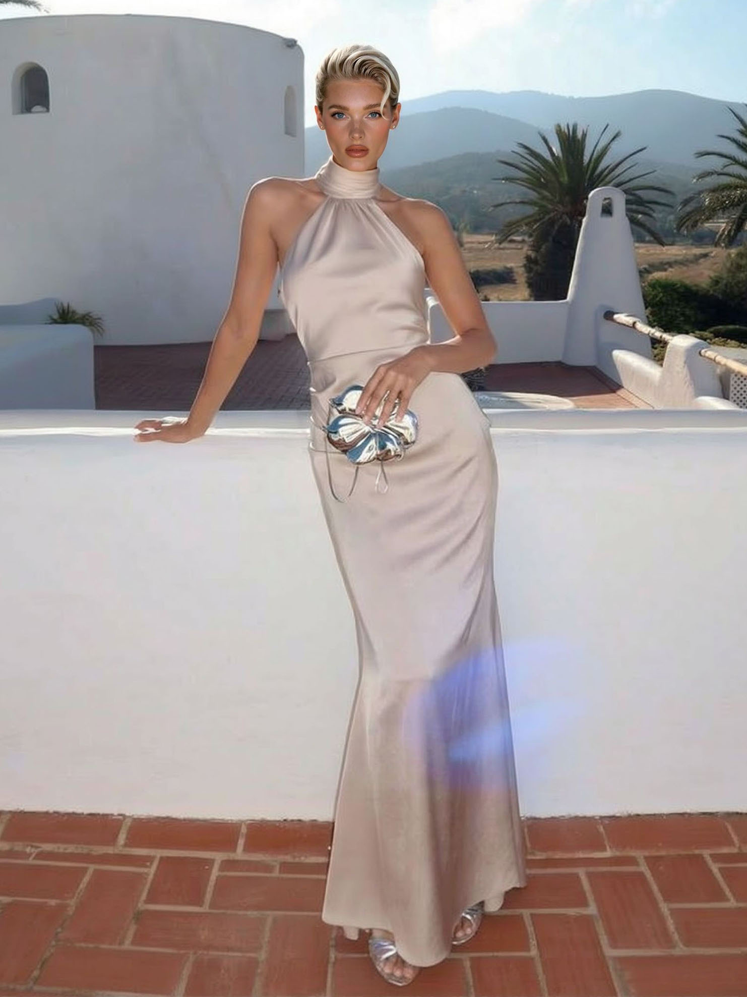 Elegant Satin Backless Ruched Bodycon Maxi Dress