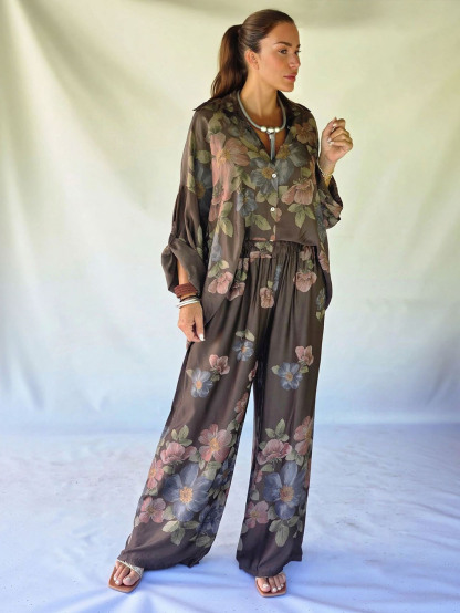 Retro Floral Print Collared Shirt & Elastic Waist Wide-Leg Pants Two-Piece Set