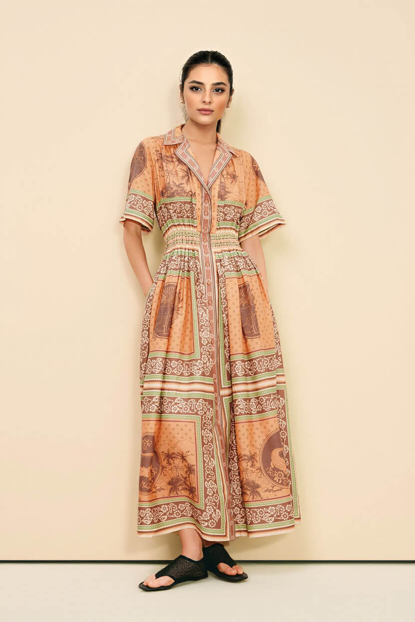 Modern Print Waist-Defined Ruched Button-Front Pocket Maxi Shirtdress