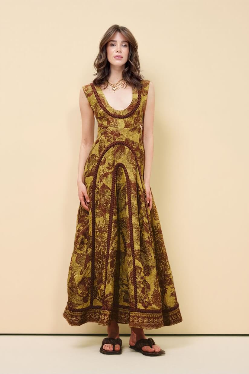 Delicate Printed Cut-Out Patchwork Knit Maxi Dress