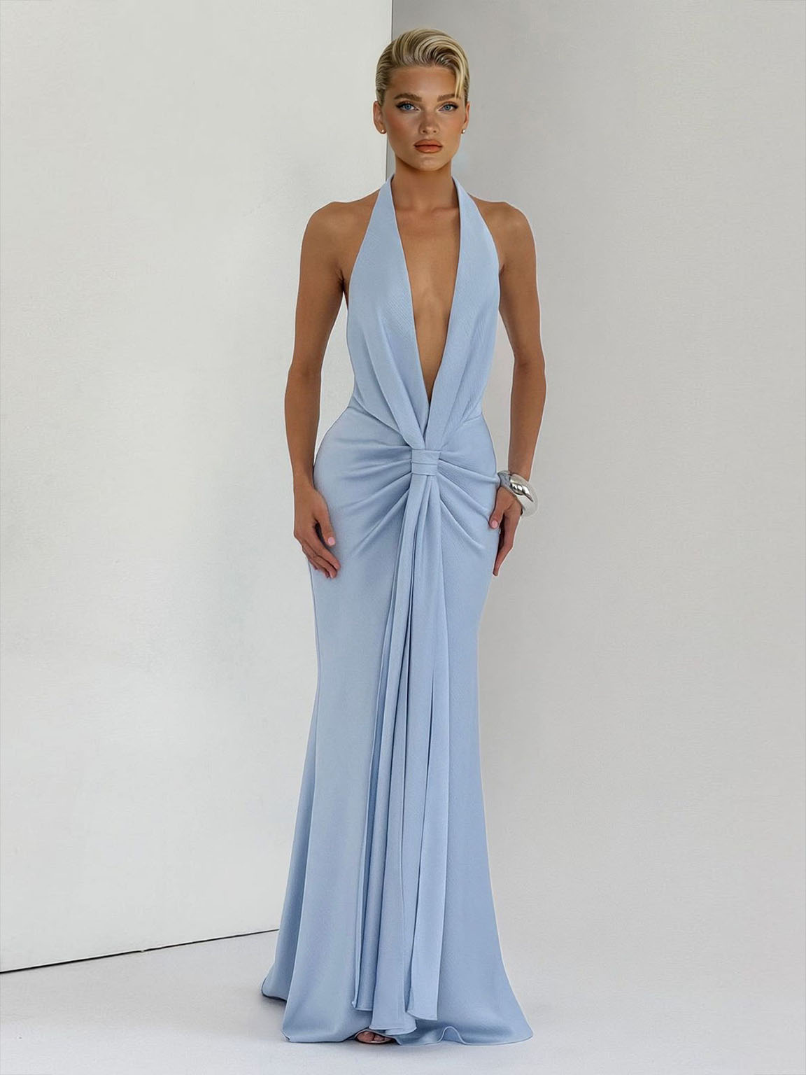Elegant Backless Twist Front Satin Maxi Dress