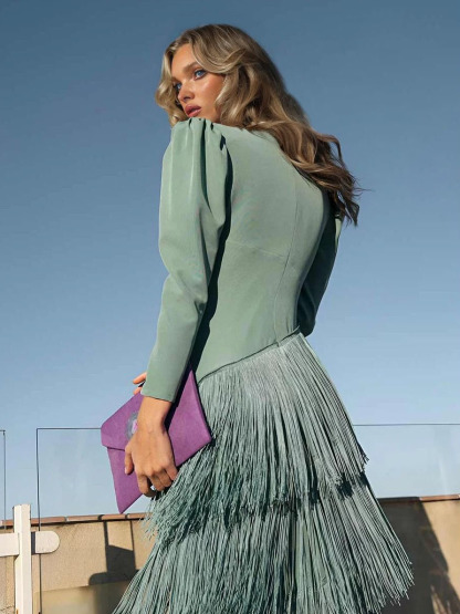 Elegant Tassel V-Neck Long Sleeve Maxi Dress