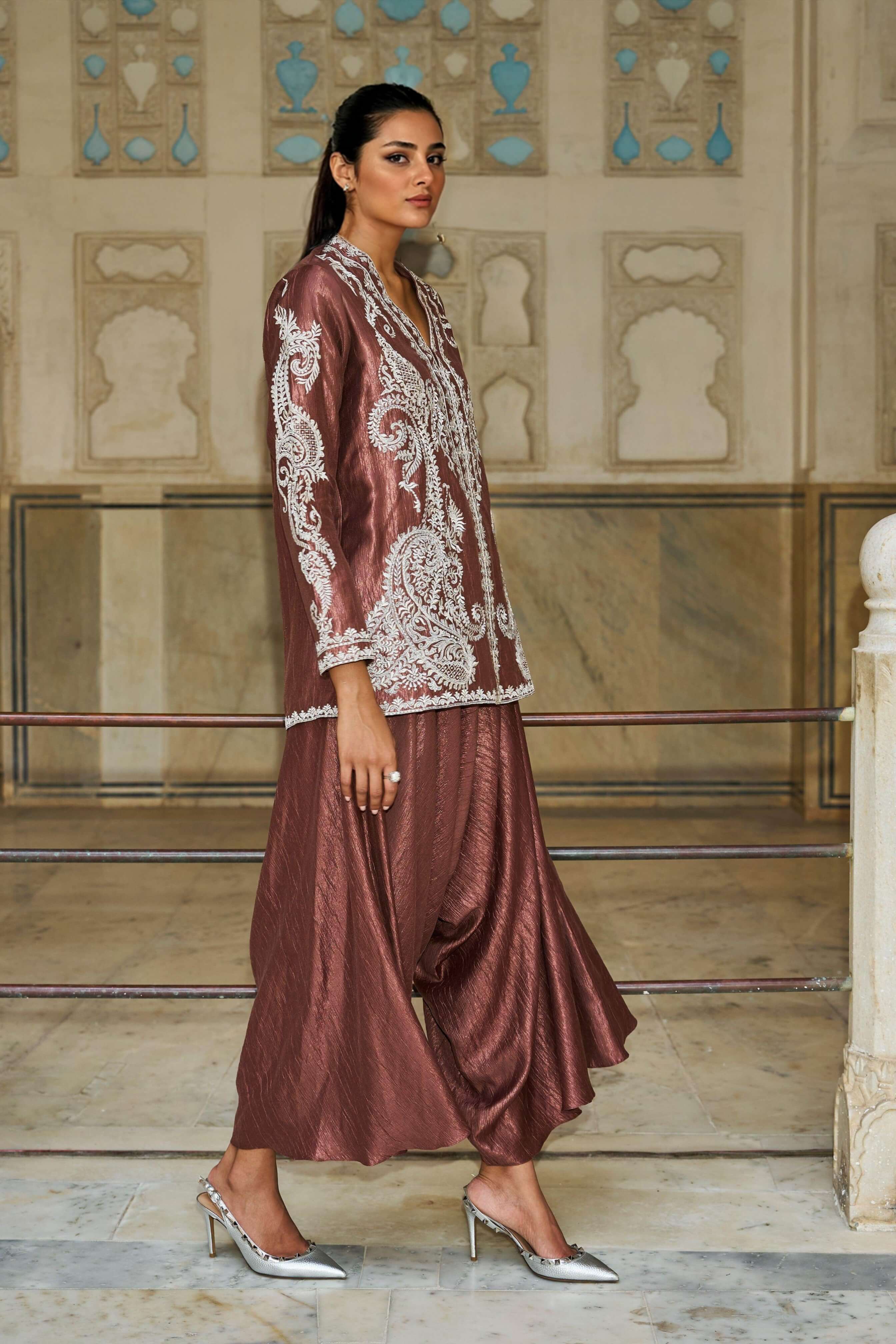 Unique Paisley Pattern V-Neck Loose Top And Pleated Harem Wide-Leg Pants Set