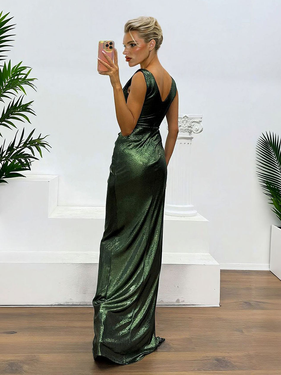 Elegant V-neck Draped Evening Gown Maxi Dress