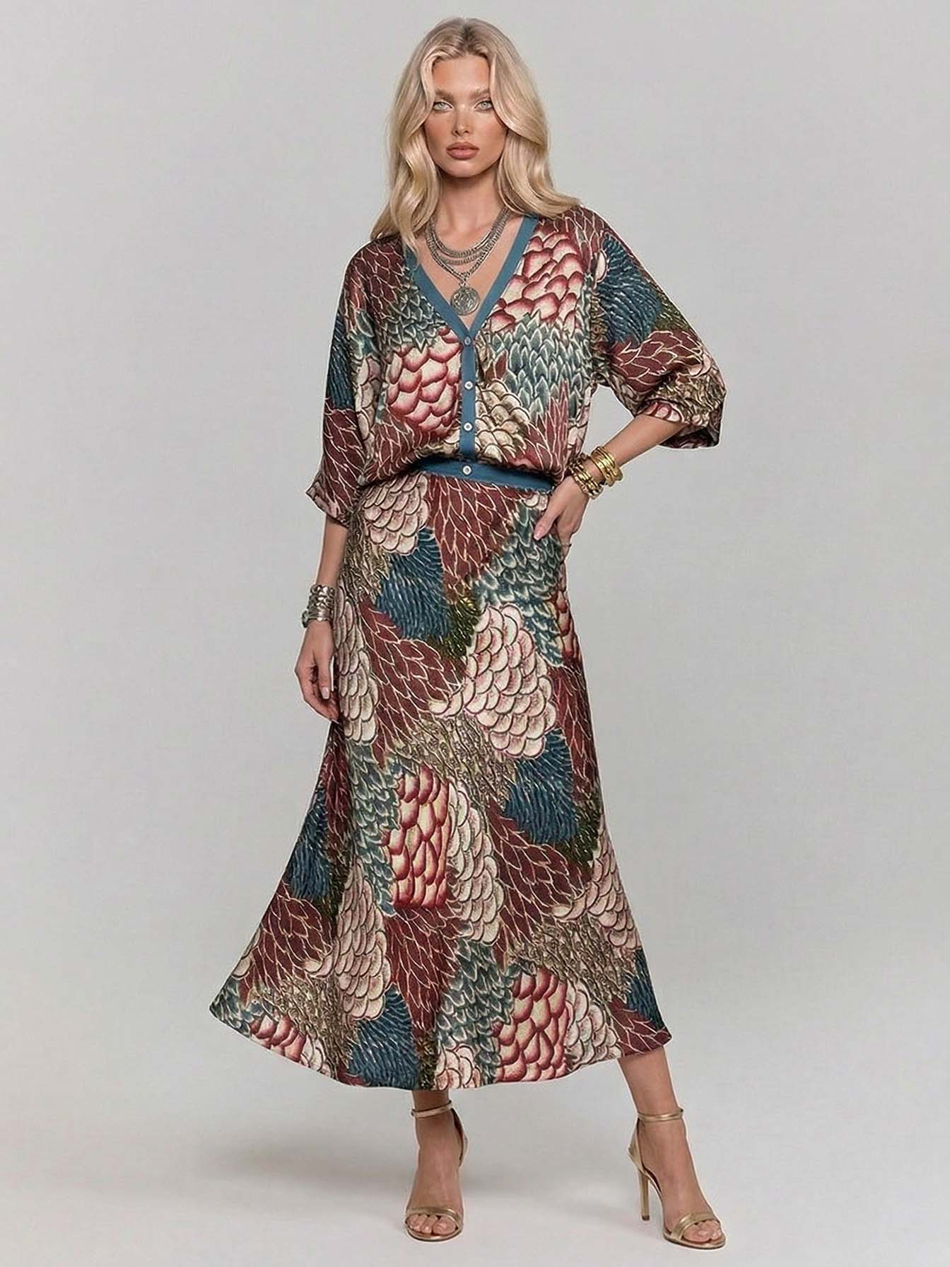 Retro Scale Print Satin Skirt Two-Piece Set