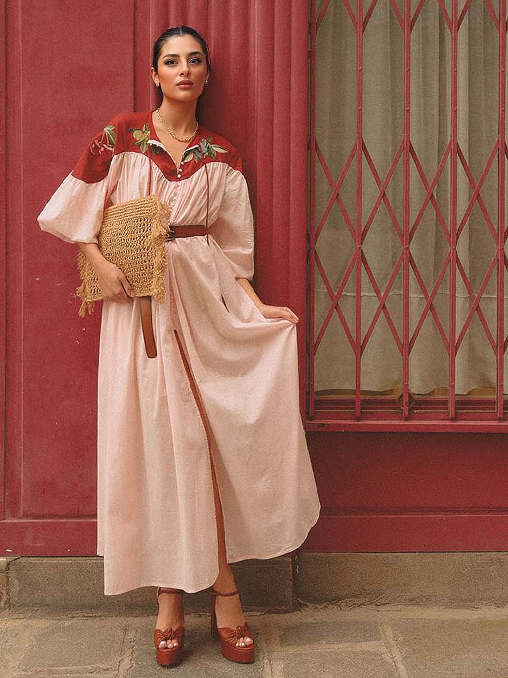 Retro Fruit Print Puff Sleeve Maxi Dress