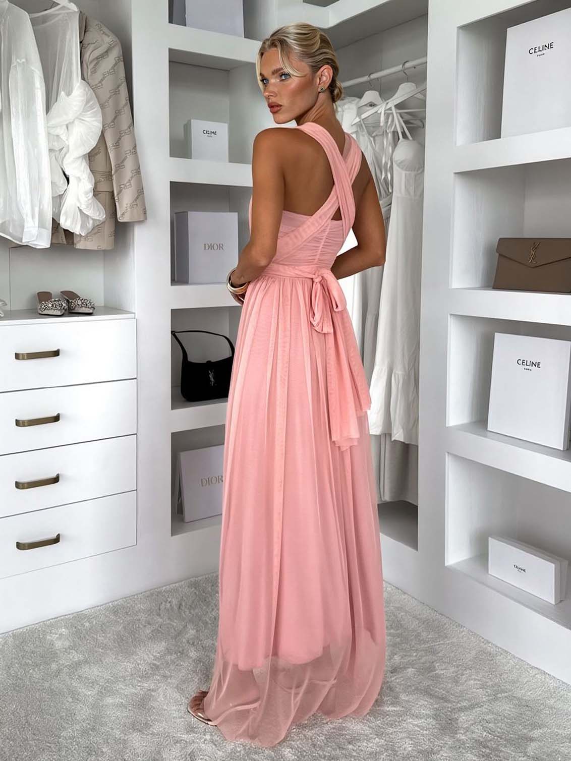 Elegant Sleeveless Mesh Ruched Convertible Maxi Dress