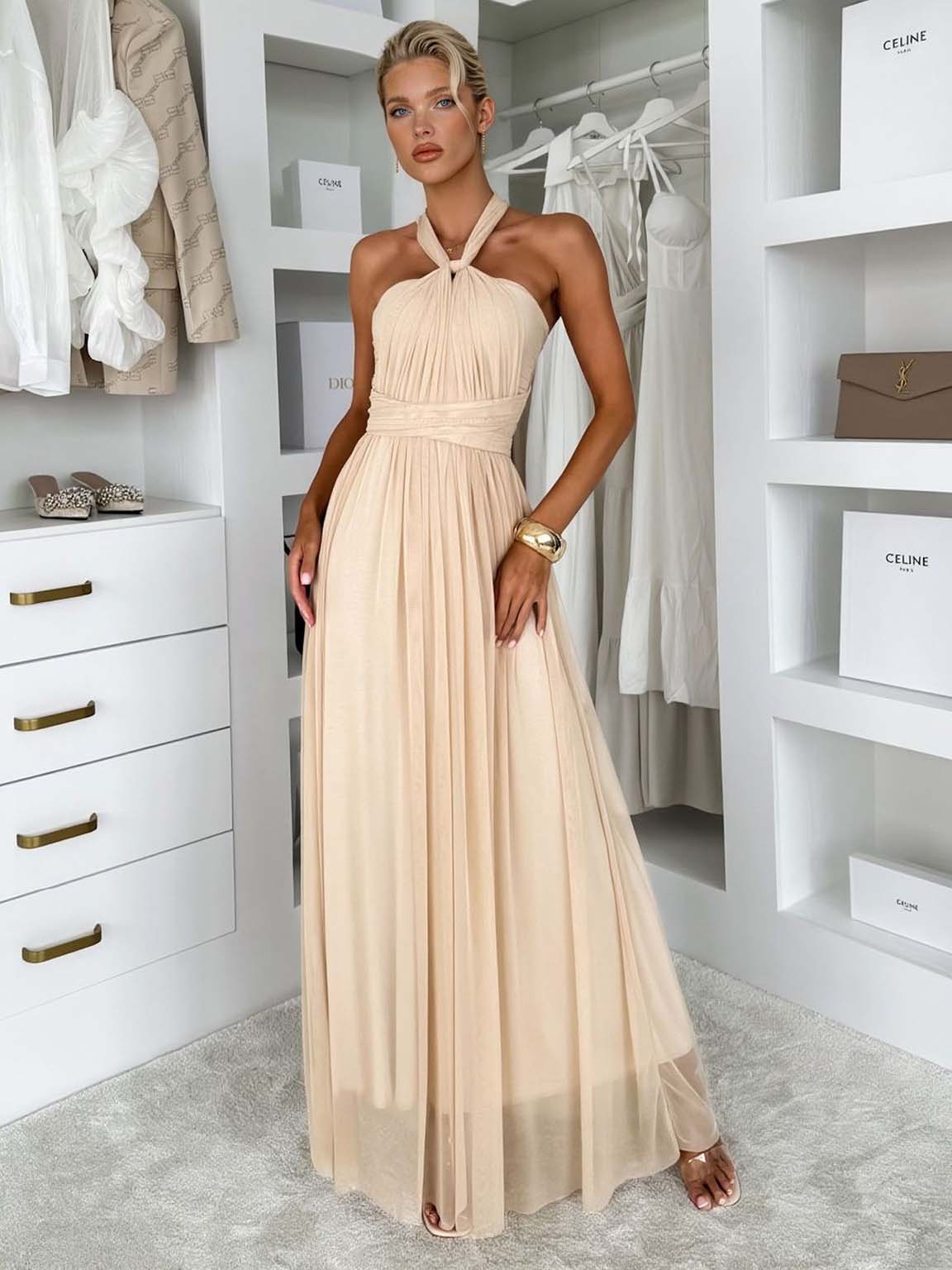 Elegant Sleeveless Mesh Ruched Convertible Maxi Dress