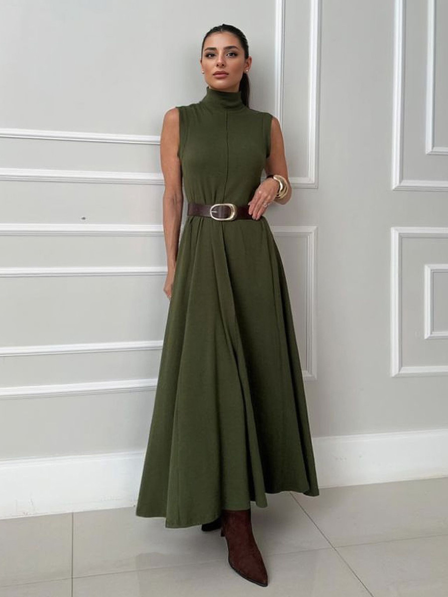Elegant Sleeveless High-Neck Belted Maxi Dress