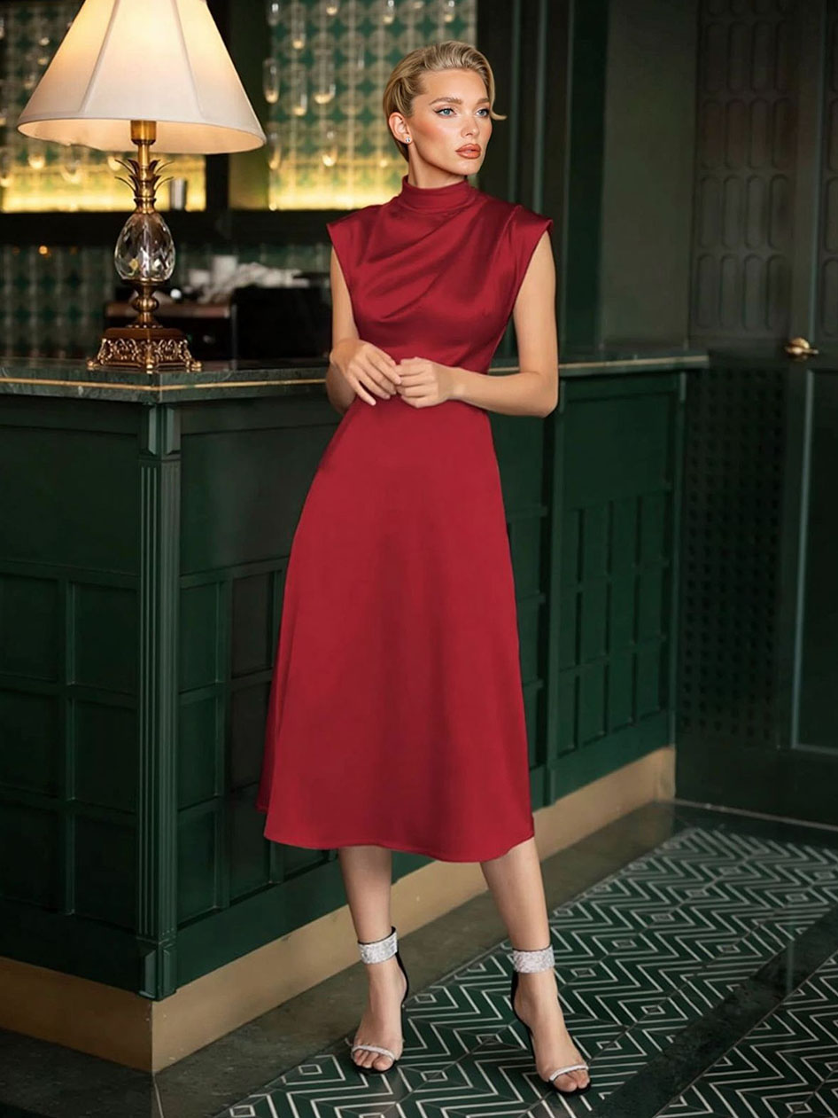 Elegant Draped Satin Cap Sleeve Midi Dress