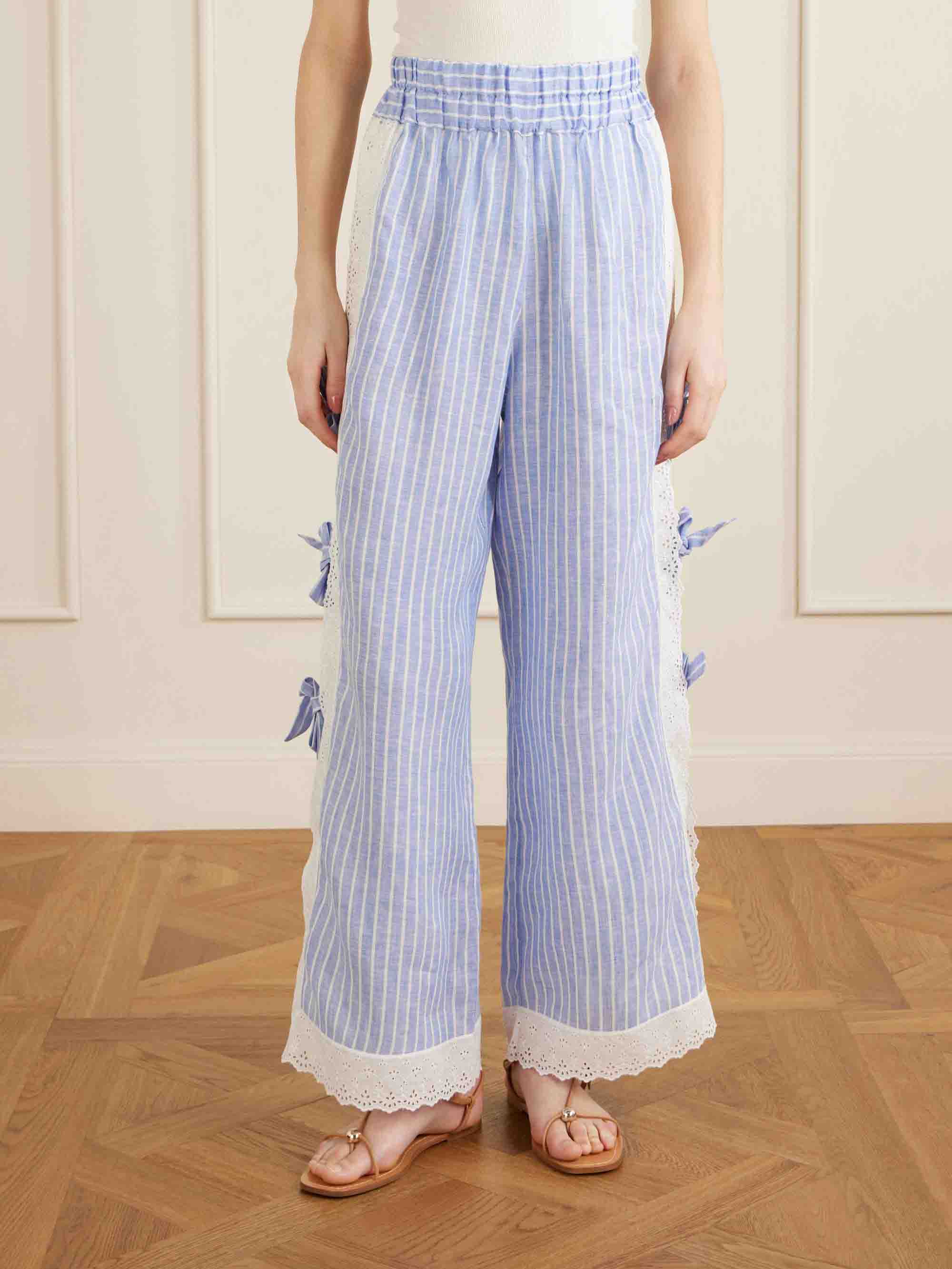 Striped Lace Trim Camisole & Wide-Leg Pants Pajama Set