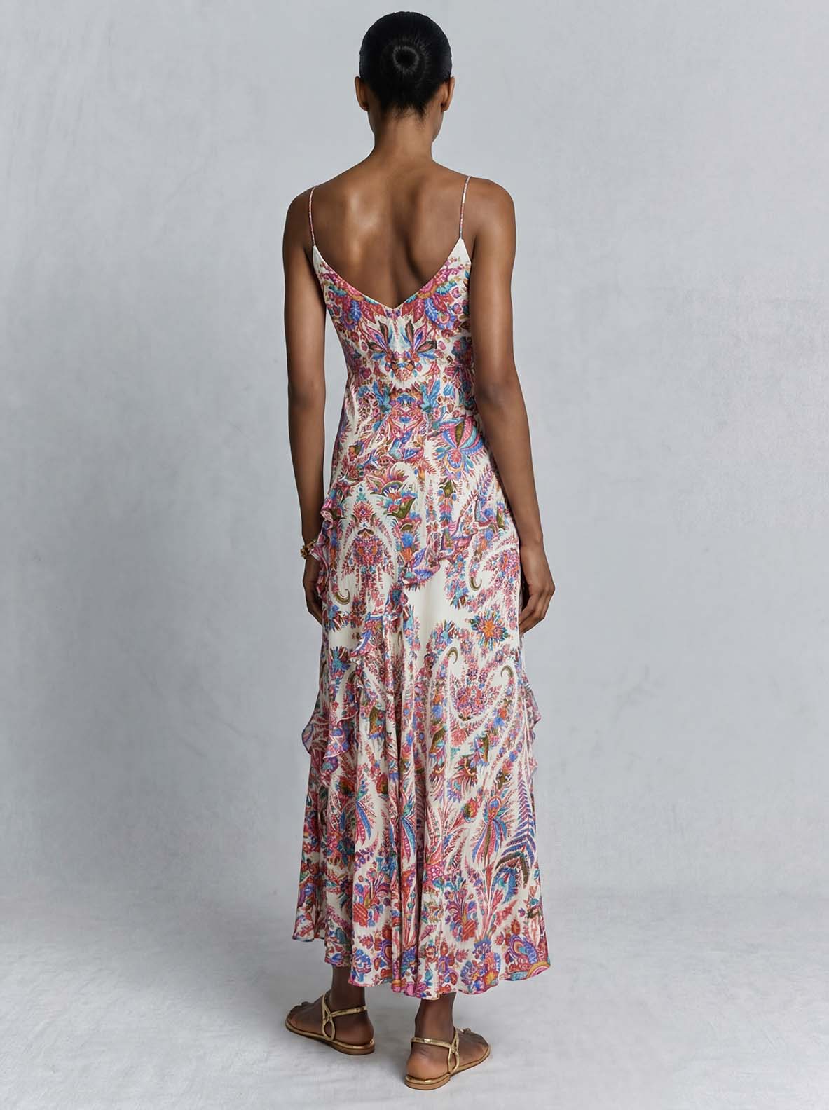 Elegant Paisley Print Ruffled Slip Maxi Dress