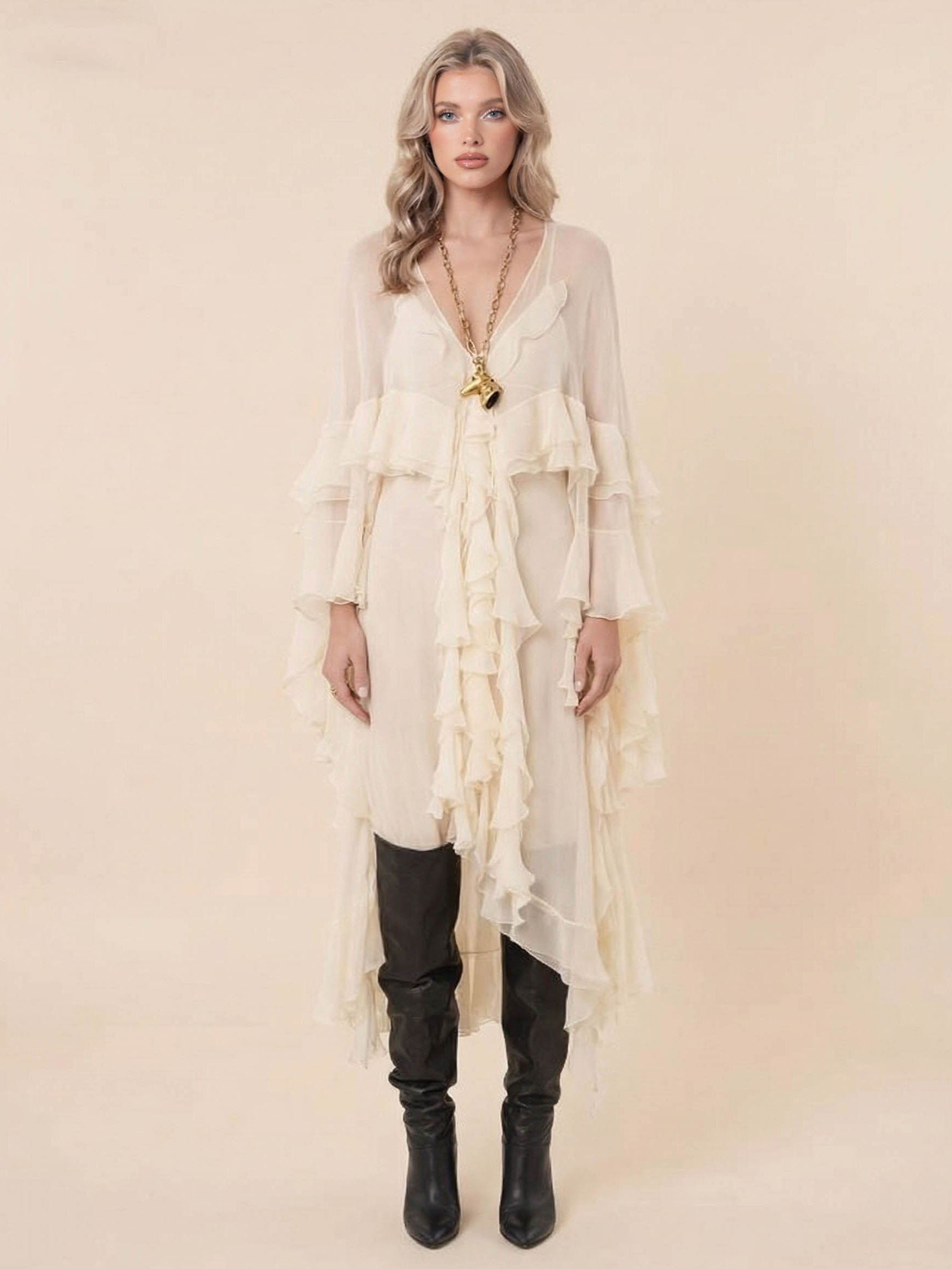 Elegant Tulle Ruffled Flowy Beach Maxi Dress