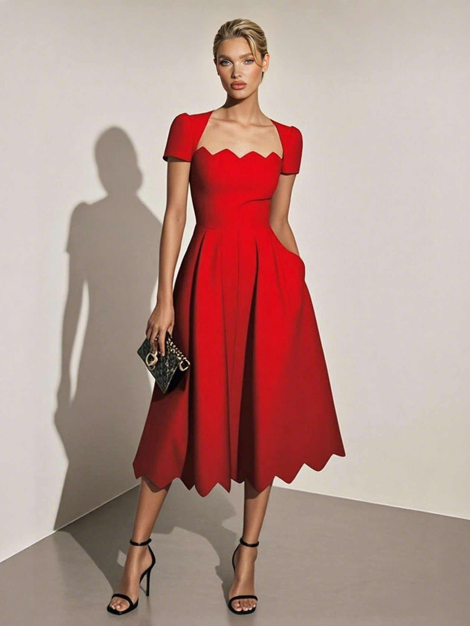 Elegante vestido midi de corte A con bajo ondulado