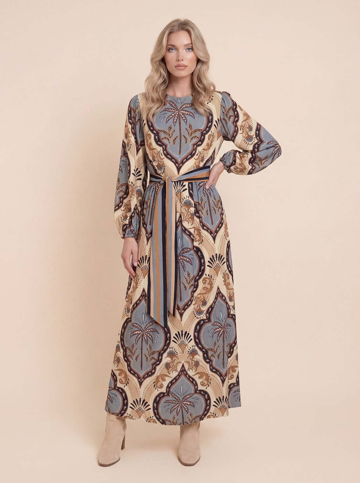 Elegant Vintage Palm Print Belted Maxi Dress