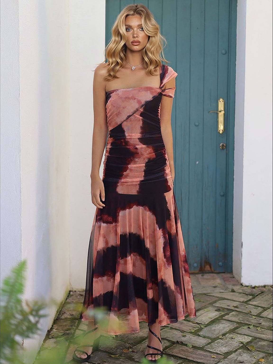 Elegant One-Shoulder Ruched Tie-Dye Chiffon Maxi Dress
