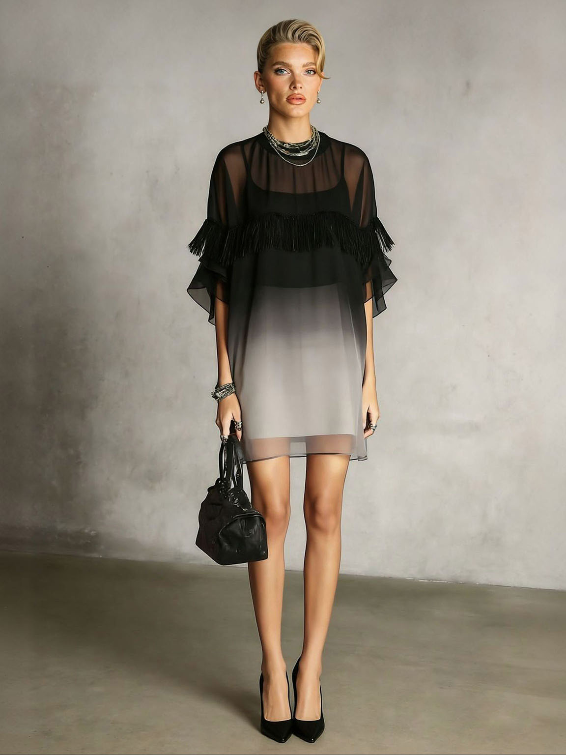Exquisite Gradient Tassel Trim Chiffon Mini Dress