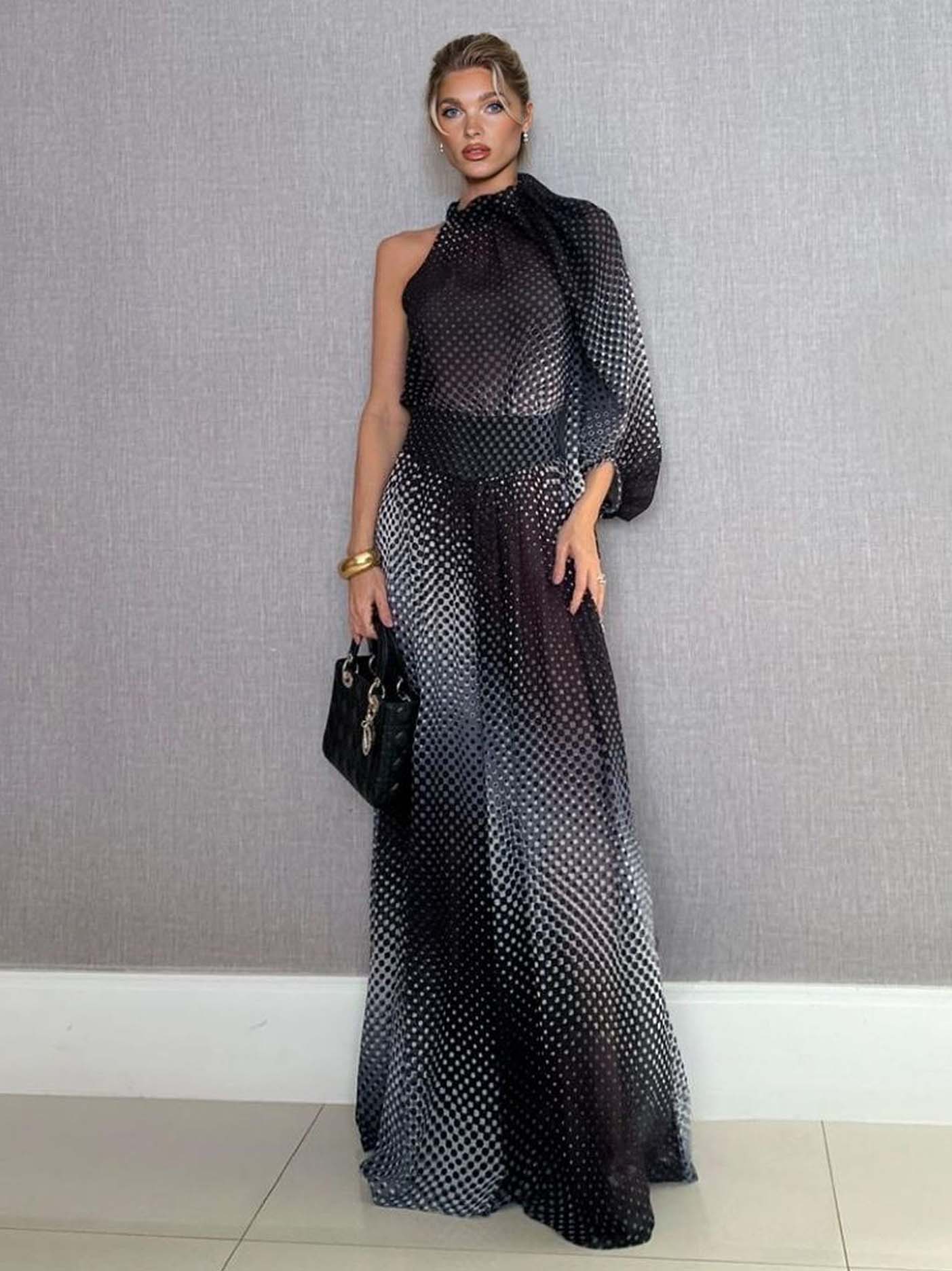 Elegant Gradient Polka Dot One-Shoulder Chiffon Two-Piece Set