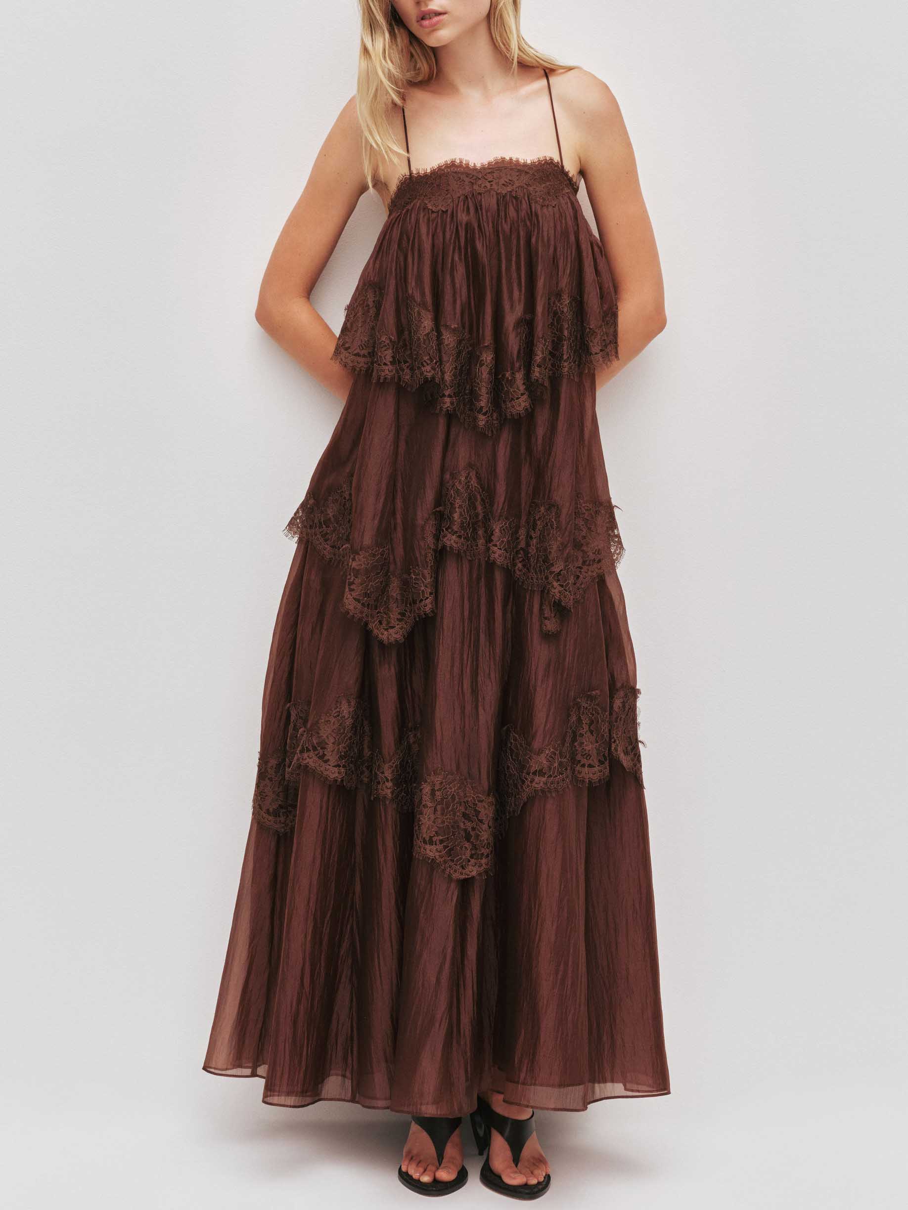 Elegant Layered Lace-Trim Spaghetti Strap Maxi Dress